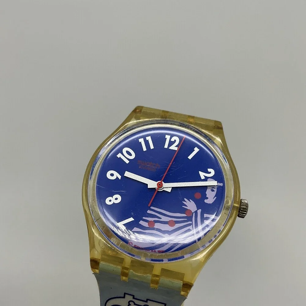 Swatch Gruau GK147 Men Watch 34mm Blue Dial Yellow Case Dog Print New Battery